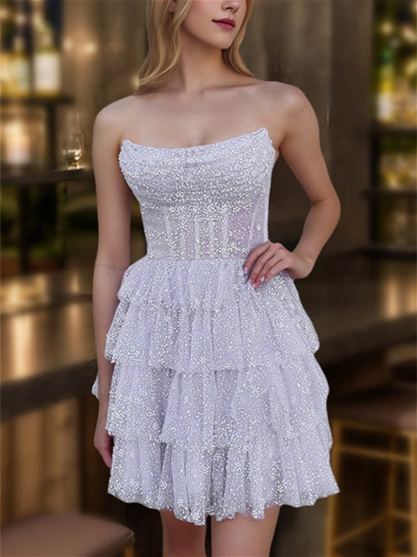 A-Line/Princess Strapless Sleeveless Short/Mini Party Dance Cocktail Homecoming Dress With Pleats/Ruffles BabaMila