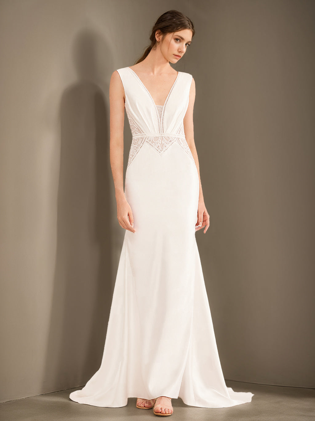 A-Line/Princess Deep V-Neck Sleeveless Floor-Length Long Wedding Dress with Lace BabaMila