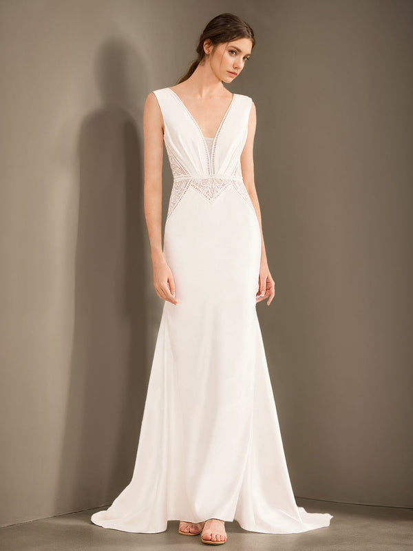 A-Line/Princess Deep V-Neck Sleeveless Floor-Length Long Wedding Dress with Lace BabaMila