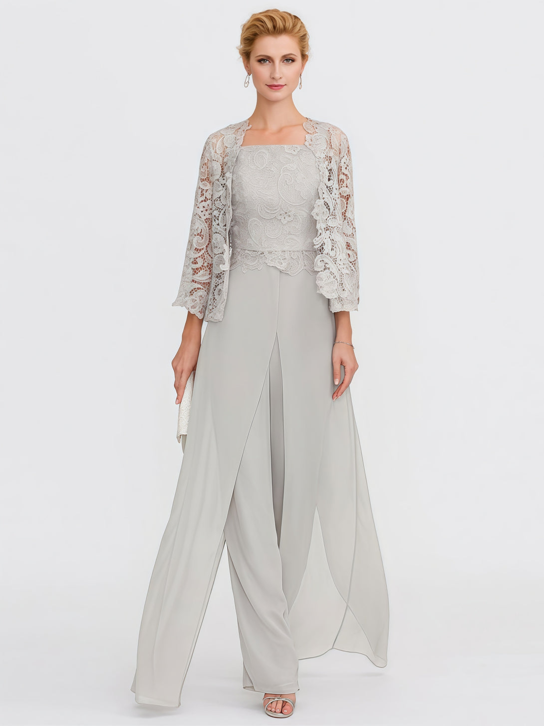Pantsuits Square Neck Long Sleeve Floor-Length Lace/Chiffon Mother of the Bride Dress With Jacket BabaMila