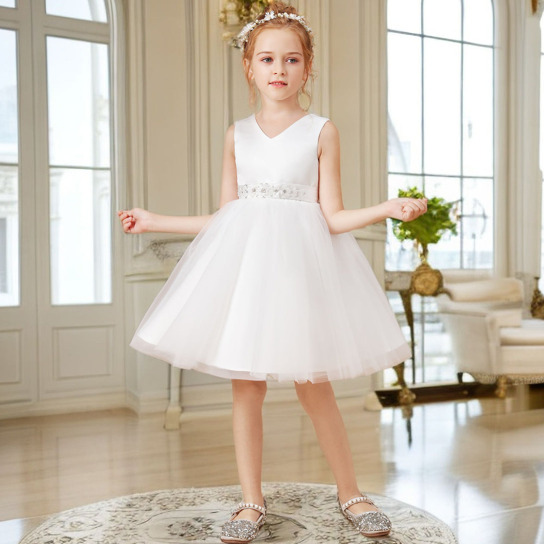 A-line V-Neck Knee-Length Satin/Tulle Ivory Flower Girl Dress With Bead Belt Girls Gidiondress