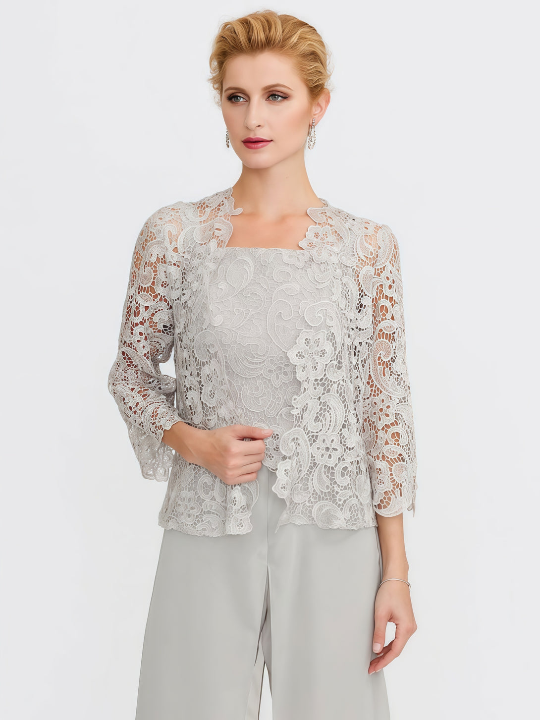 Pantsuits Square Neck Long Sleeve Floor-Length Lace/Chiffon Mother of the Bride Dress With Jacket BabaMila