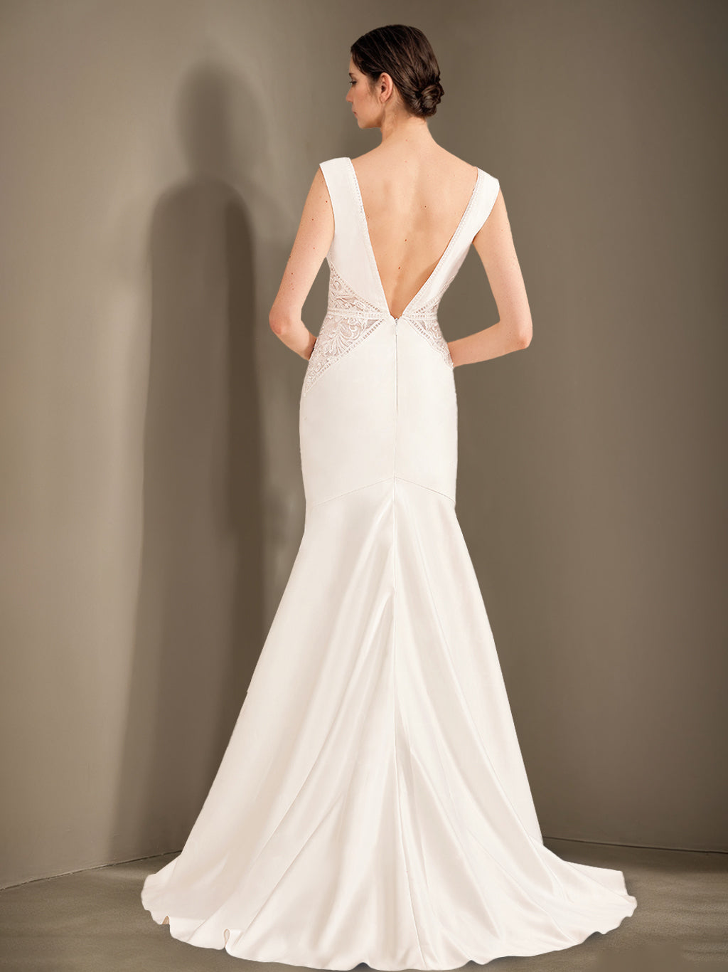 A-Line/Princess Deep V-Neck Sleeveless Floor-Length Long Wedding Dress with Lace BabaMila