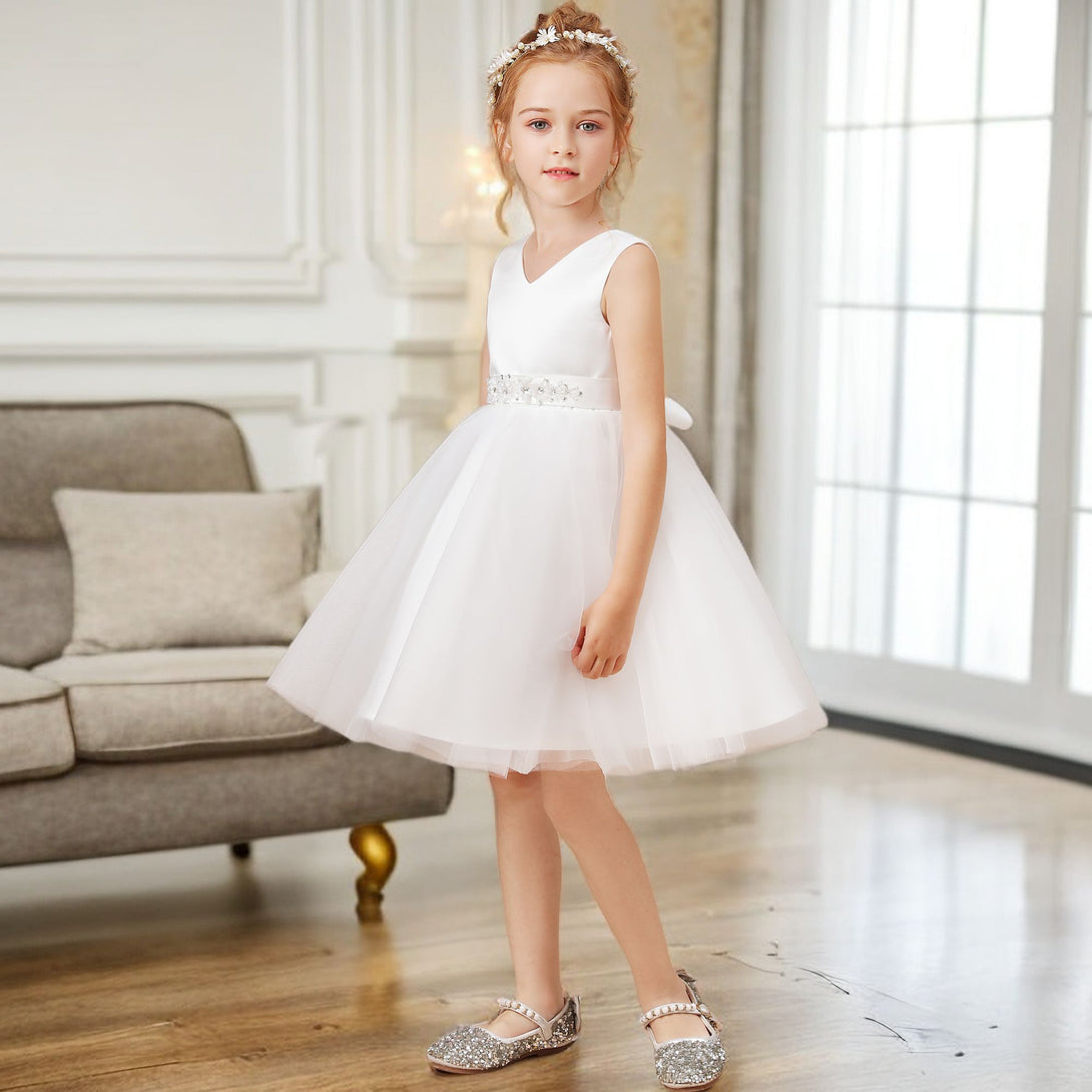 A-line V-Neck Knee-Length Satin/Tulle Ivory Flower Girl Dress With Bead Belt Girls Gidiondress