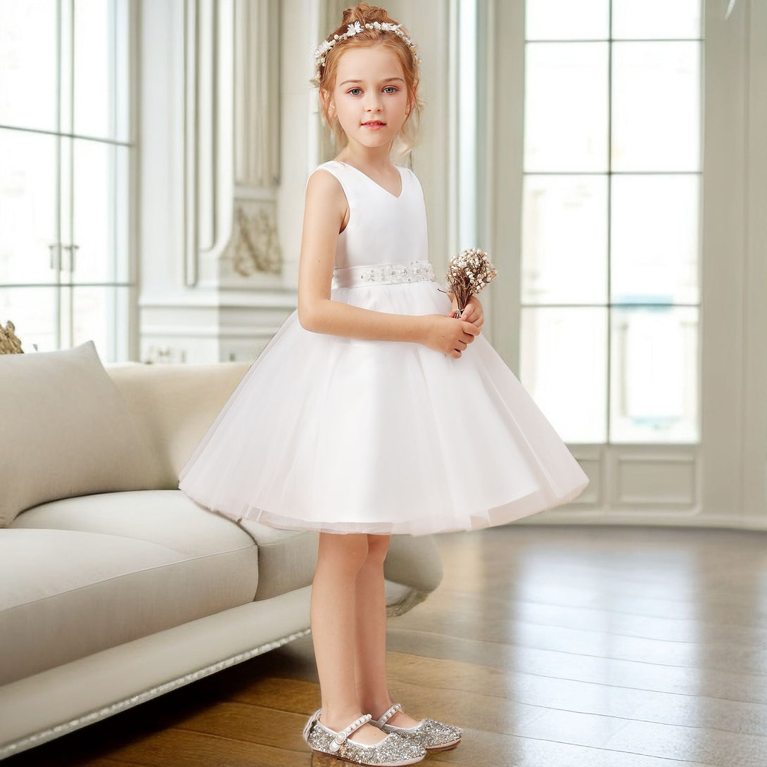 A-line V-Neck Knee-Length Satin/Tulle Ivory Flower Girl Dress With Bead Belt Girls Gidiondress
