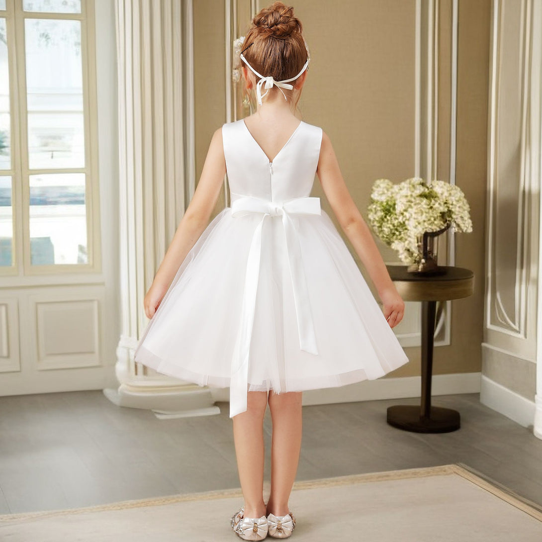 A-line V-Neck Knee-Length Satin/Tulle Ivory Flower Girl Dress With Bead Belt Girls Gidiondress