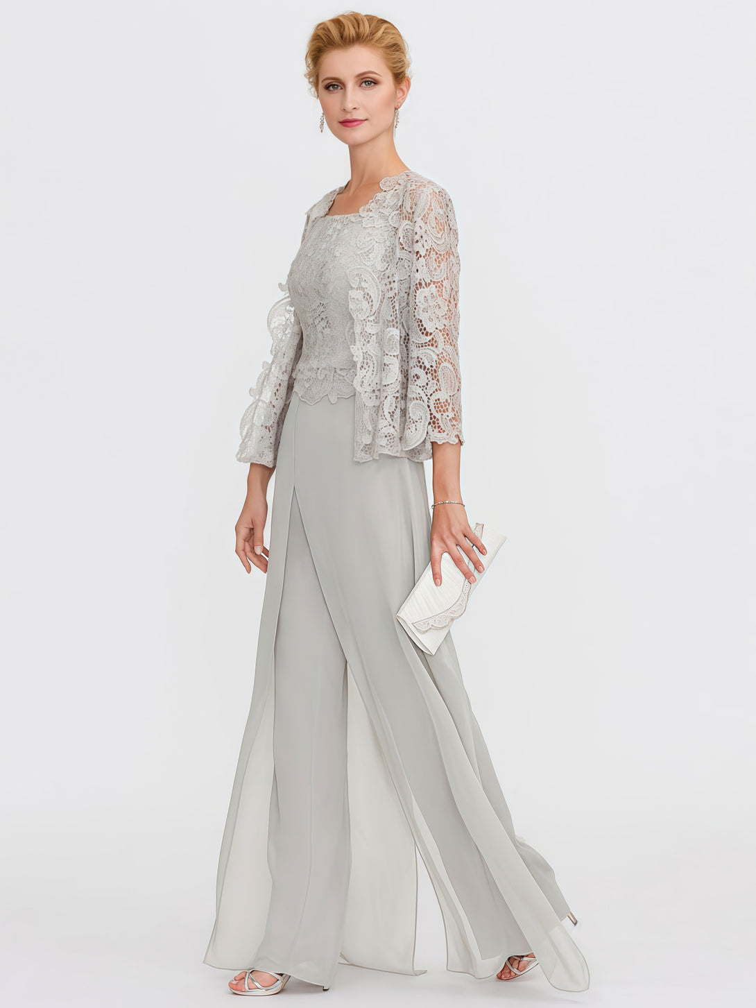 Pantsuits Square Neck Long Sleeve Floor-Length Lace/Chiffon Mother of the Bride Dress With Jacket BabaMila