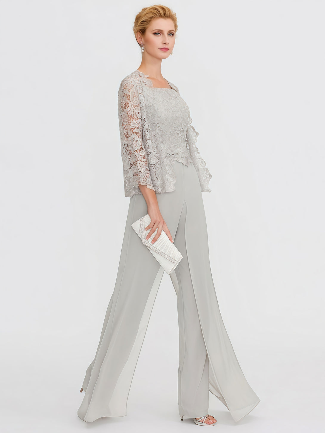 Pantsuits Square Neck Long Sleeve Floor-Length Lace/Chiffon Mother of the Bride Dress With Jacket BabaMila