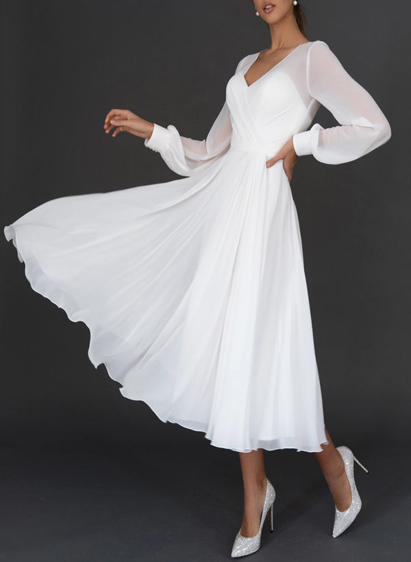 A-Line/Princess V-Neck Tea-Length Pleated Wedding Dress With Ruffles BabaMila