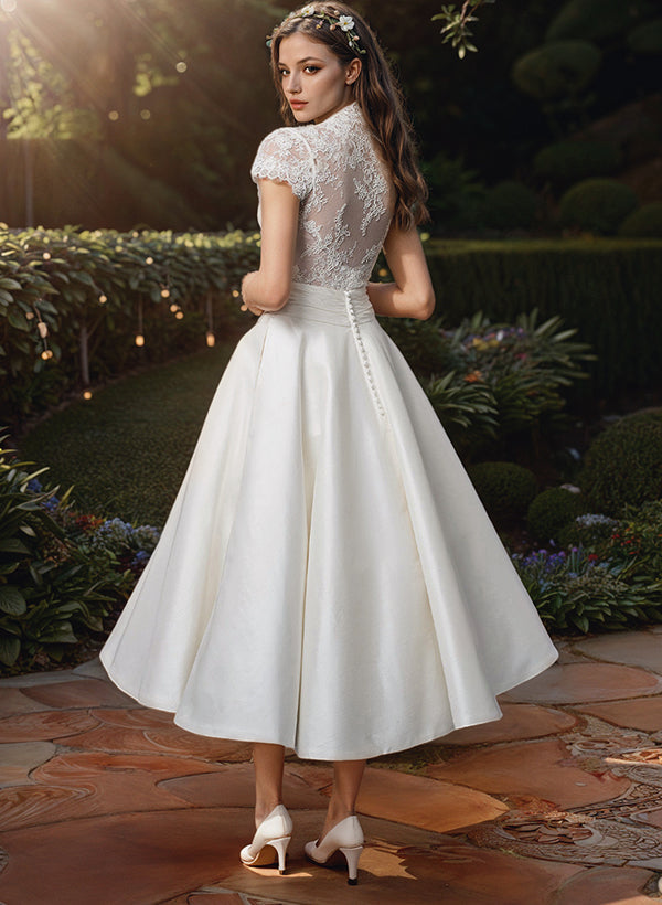 Ball Gown V-Neck Tea-Length Lace Wedding Dress With Button/Pleated BabaMila