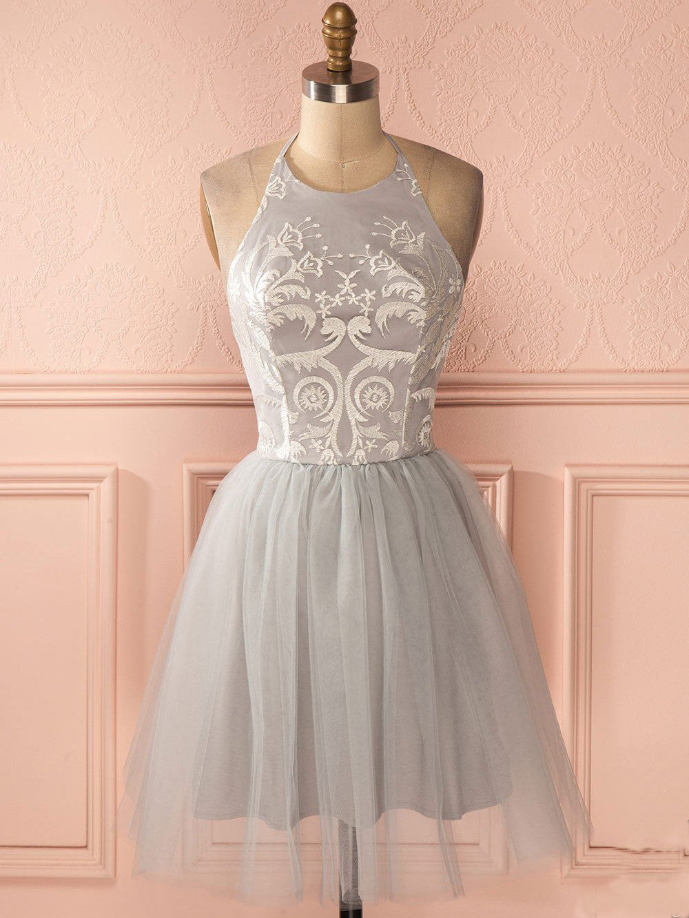 Homecoming Dress Halter Backless Silver Lace Short Prom Dress Party Dress Homecoming Dress BabaMila