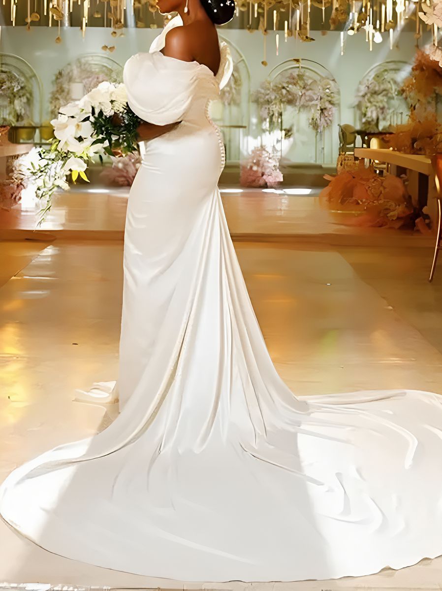 Trumpet/Mermaid Elastic Satin Asymmetrical Off-the-Shoulder Wedding Dress BabaMila