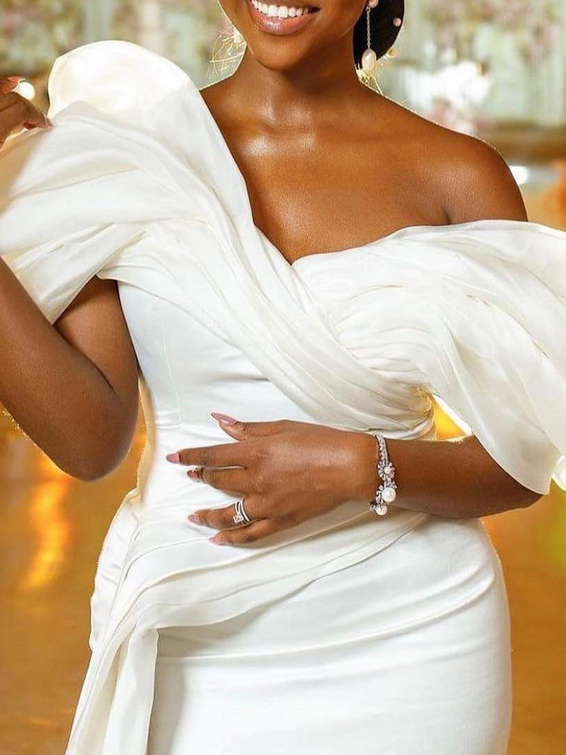 Trumpet/Mermaid Elastic Satin Asymmetrical Off-the-Shoulder Wedding Dress BabaMila