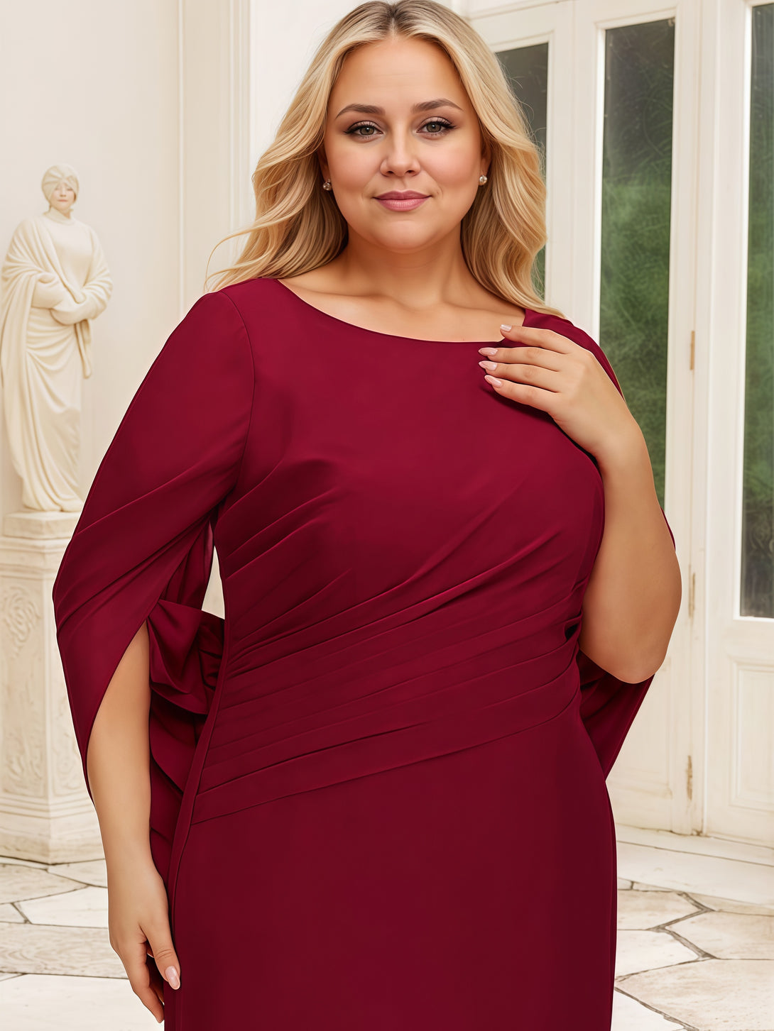 Mermaid Scoop Neck Cape Floor-Length Chiffon Mother of the Bride Dress With Pleated BabaMila