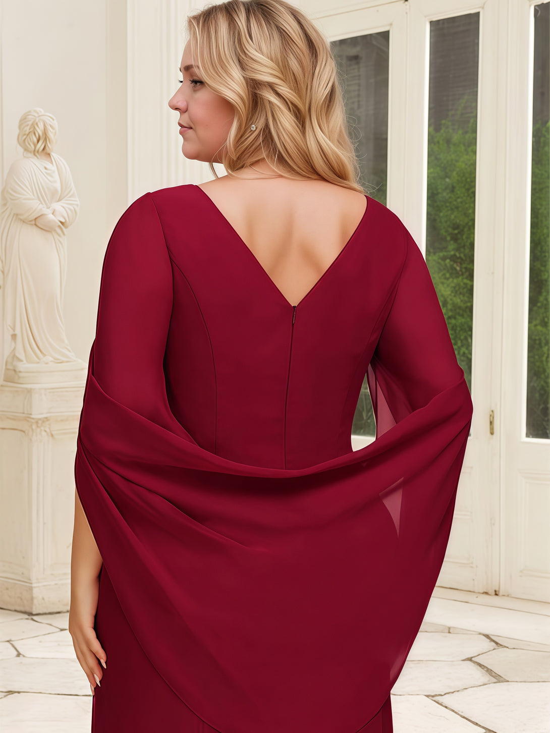 Mermaid Scoop Neck Cape Floor-Length Chiffon Mother of the Bride Dress With Pleated BabaMila