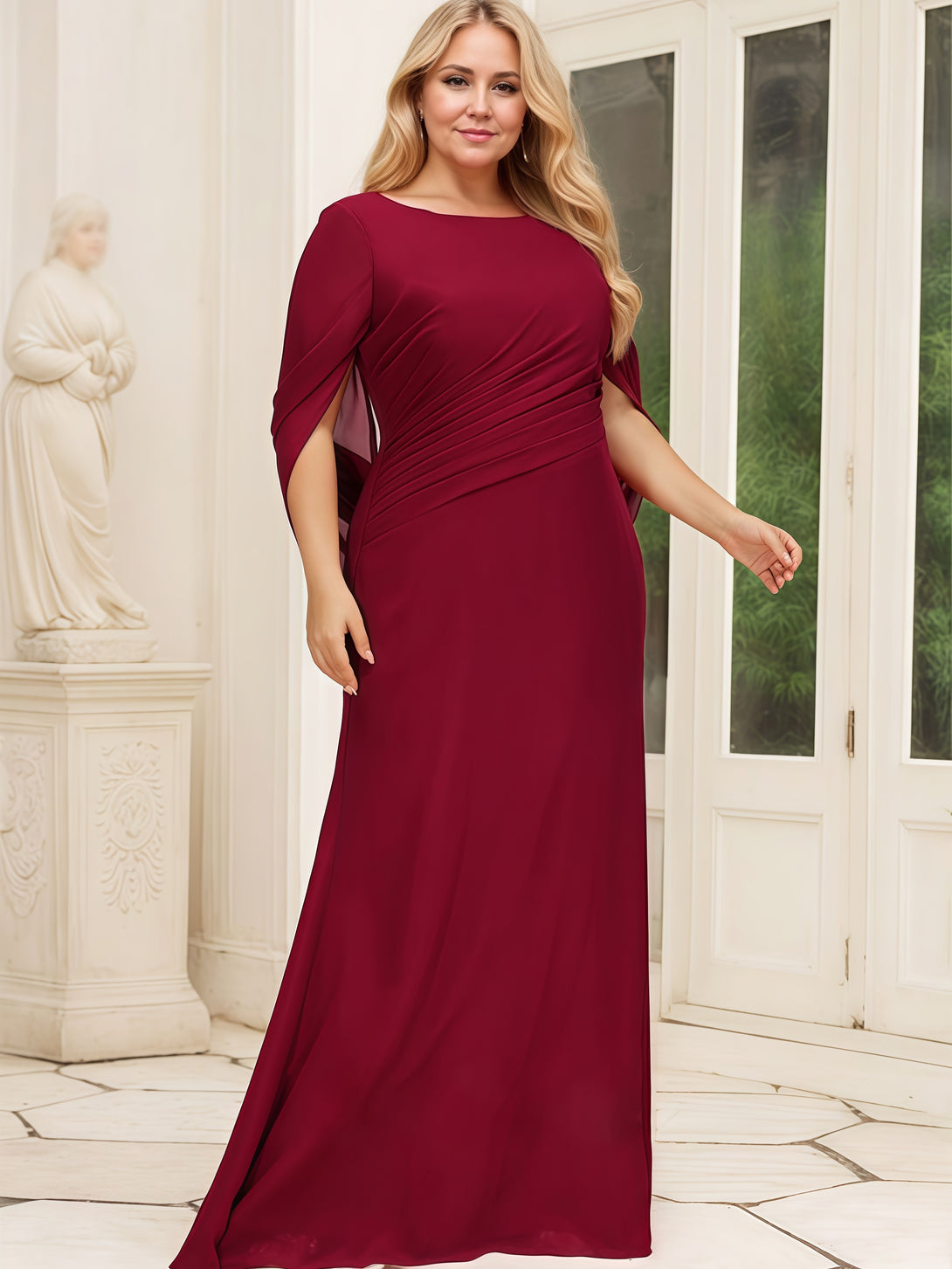 Mermaid Scoop Neck Cape Floor-Length Chiffon Mother of the Bride Dress With Pleated BabaMila