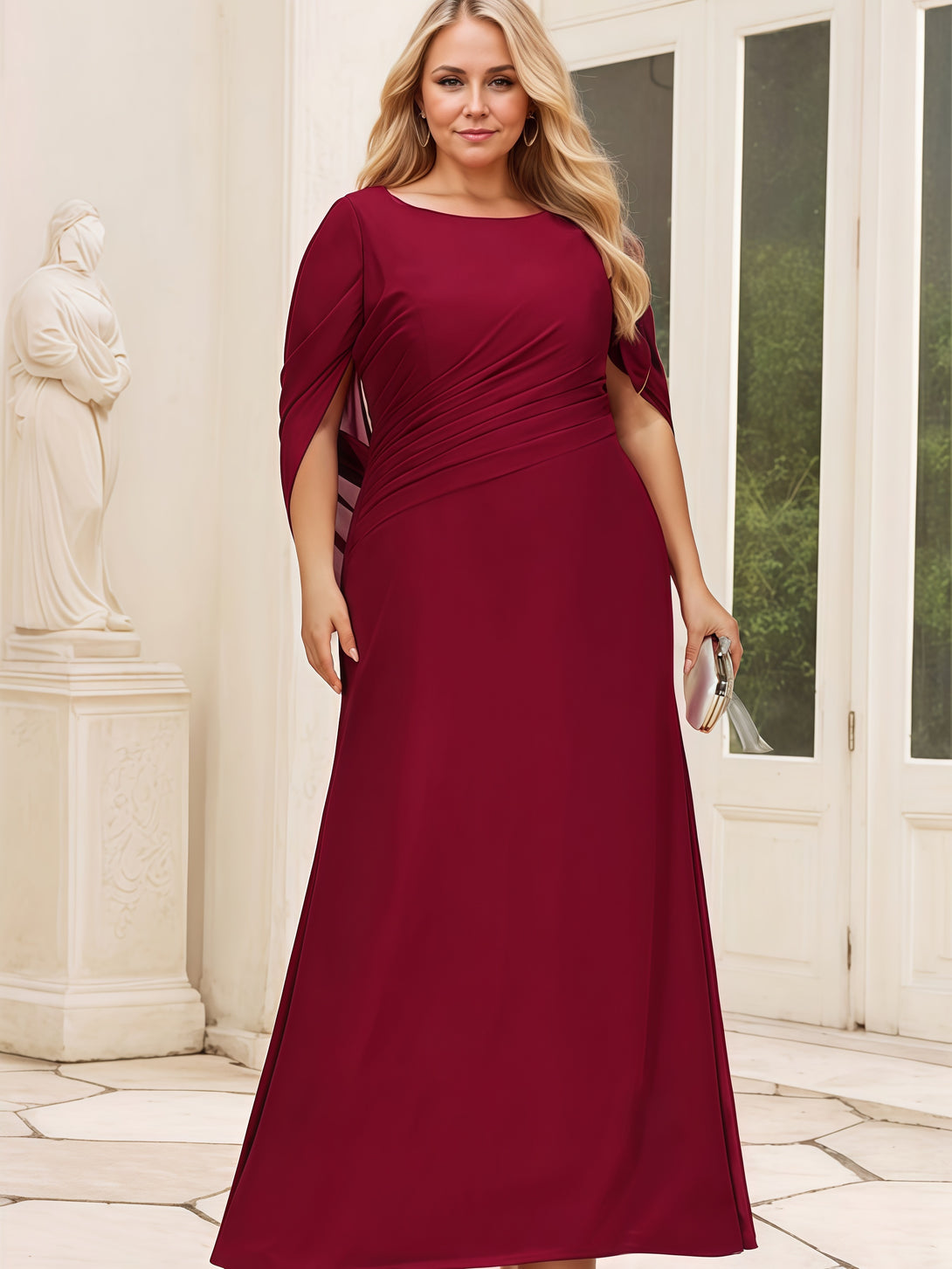 Mermaid Scoop Neck Cape Floor-Length Chiffon Mother of the Bride Dress With Pleated BabaMila