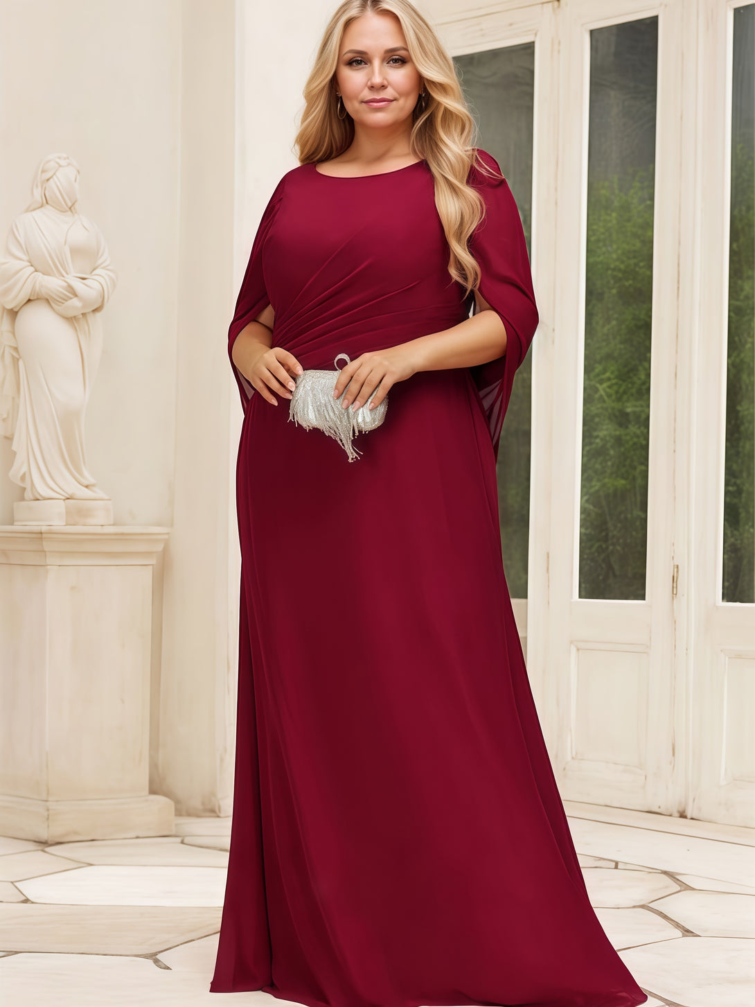 Mermaid Scoop Neck Cape Floor-Length Chiffon Mother of the Bride Dress With Pleated BabaMila
