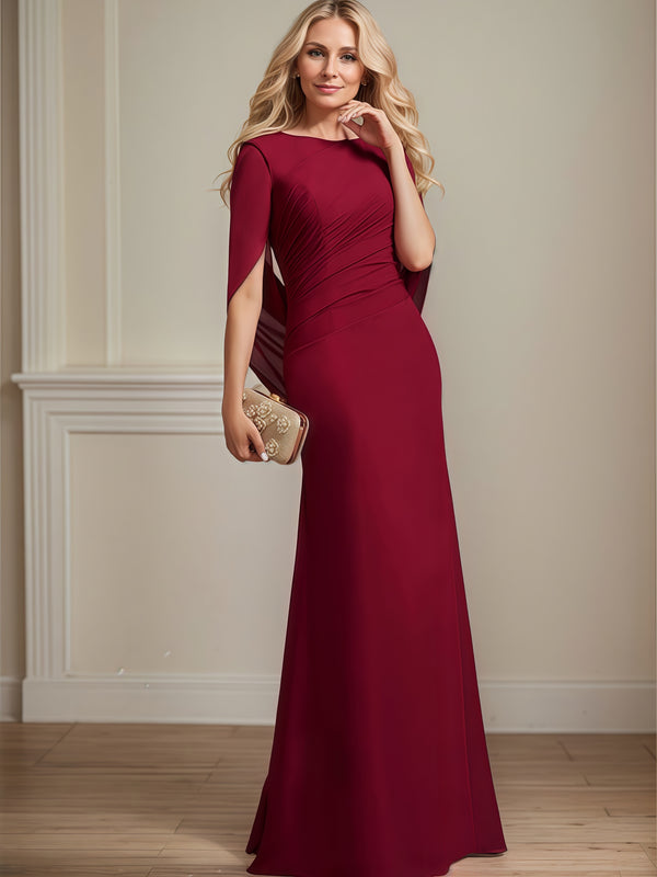 Mermaid Scoop Neck Cape Floor-Length Chiffon Mother of the Bride Dress With Pleated BabaMila