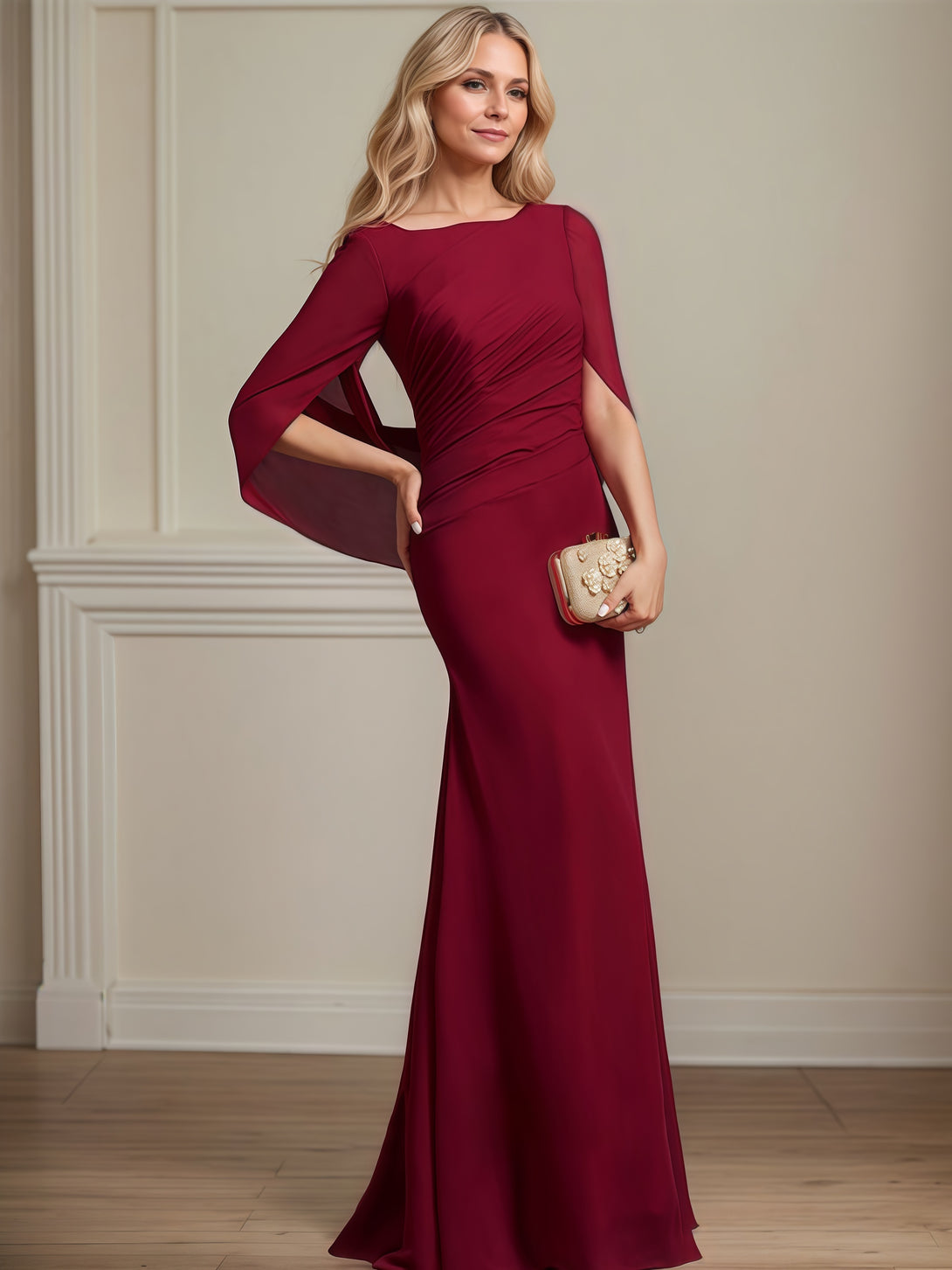 Mermaid Scoop Neck Cape Floor-Length Chiffon Mother of the Bride Dress With Pleated BabaMila