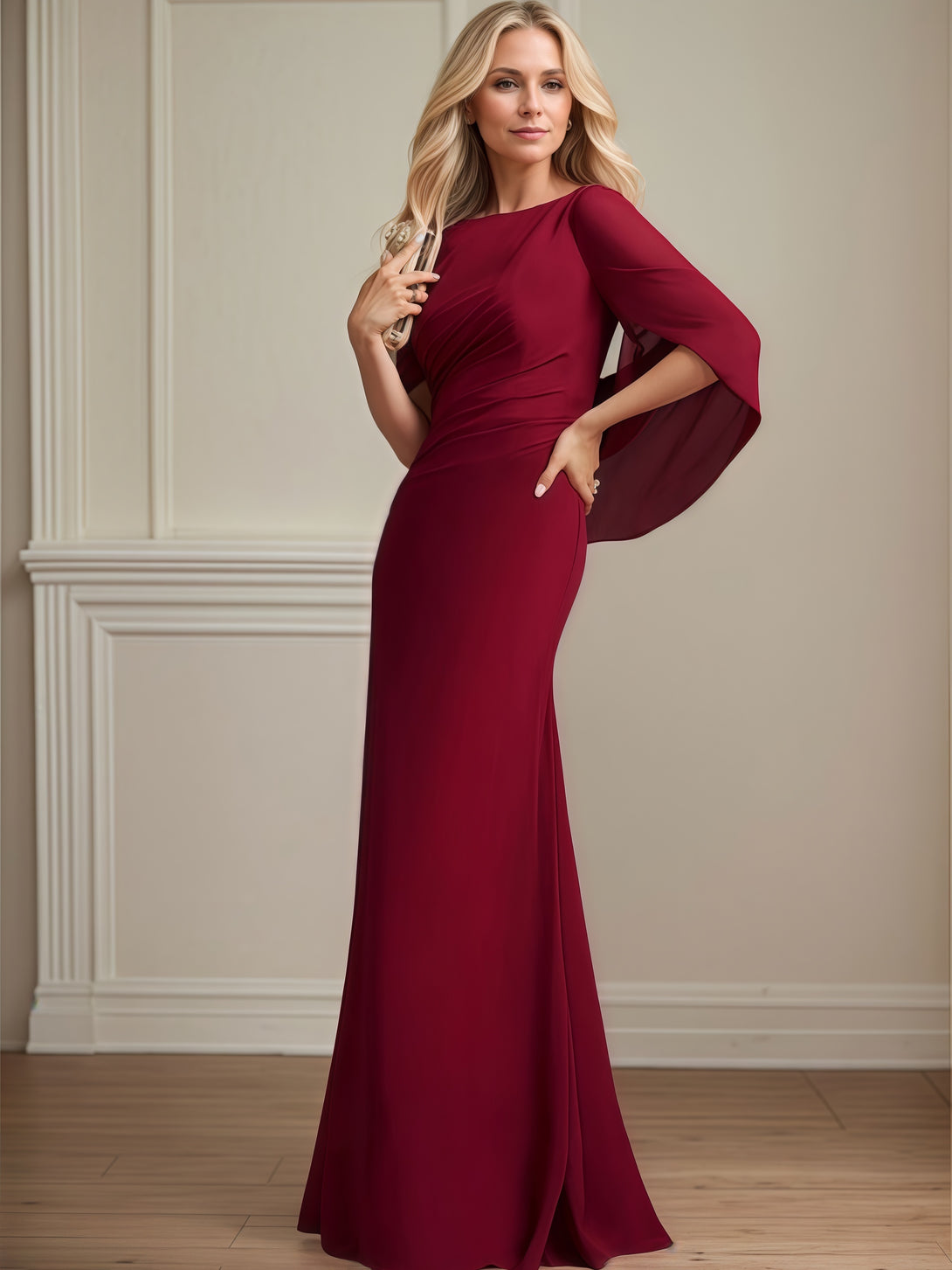 Mermaid Scoop Neck Cape Floor-Length Chiffon Mother of the Bride Dress With Pleated BabaMila