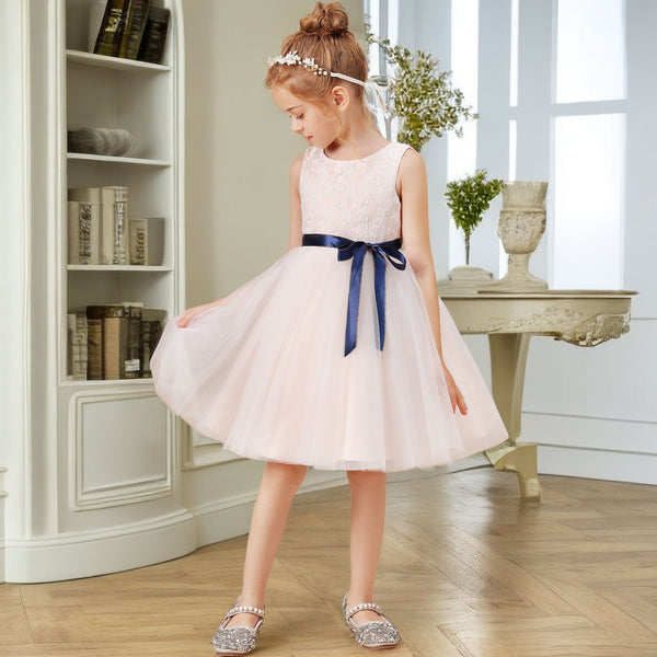 A-line Sleeveless Scoop Neck Knee-Length Lace Satin Tulle Flower Girl Dresses With Removable Navy Blue Ribbon Girls Gidiondress