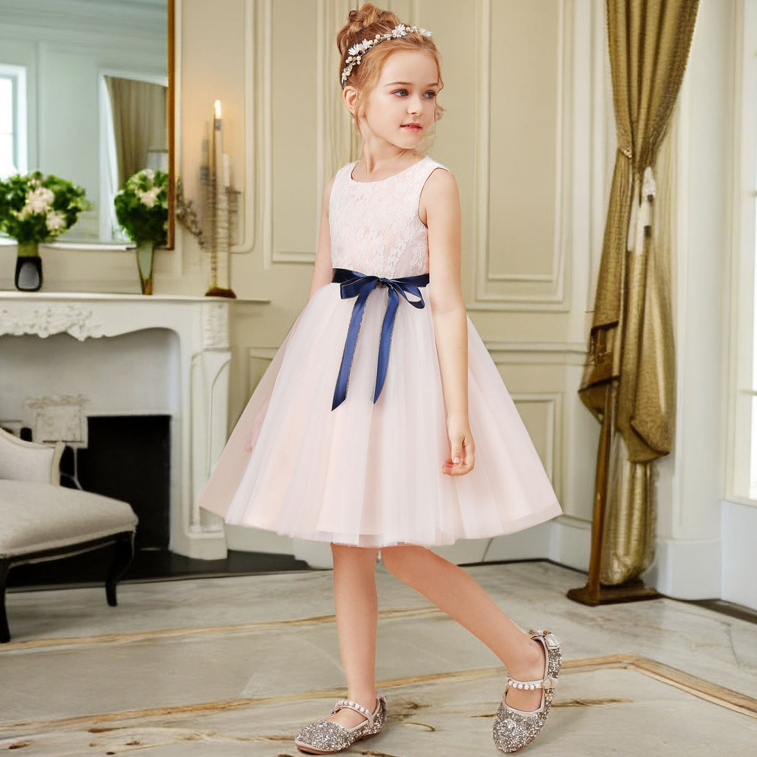 A-line Sleeveless Scoop Neck Knee-Length Lace Satin Tulle Flower Girl Dresses With Removable Navy Blue Ribbon Girls Gidiondress