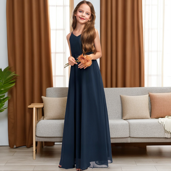 A-line V-Neck Floor-Length Chiffon Junior Bridesmaid Dress With Bow Girls Gidiondress