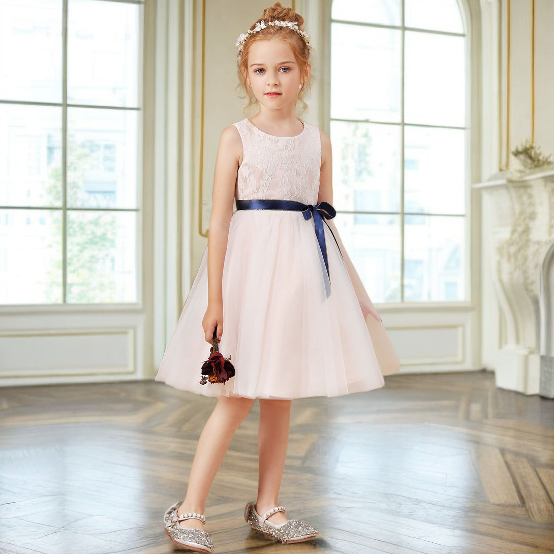A-line Sleeveless Scoop Neck Knee-Length Lace Satin Tulle Flower Girl Dresses With Removable Navy Blue Ribbon Girls Gidiondress