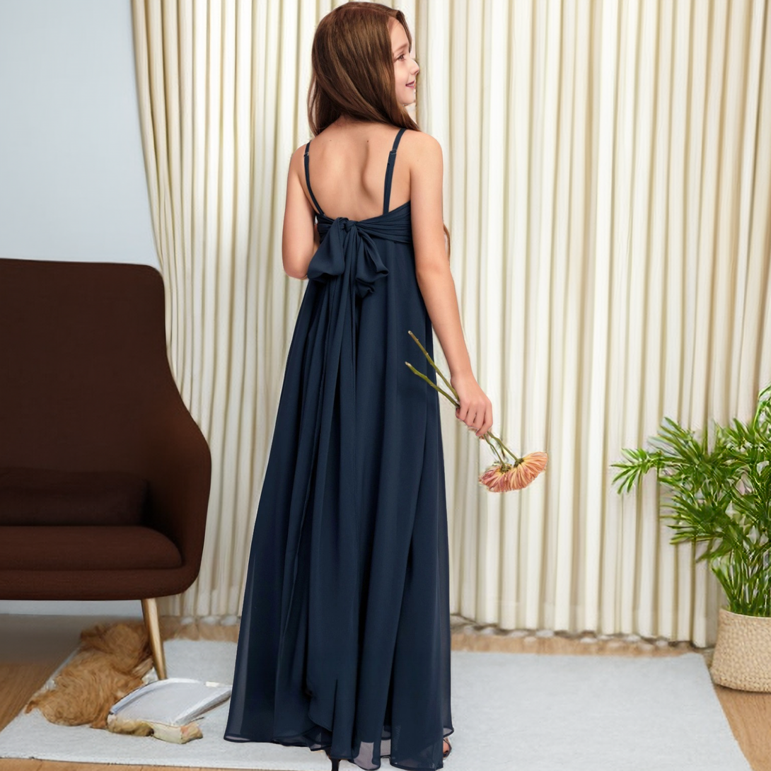 A-line V-Neck Floor-Length Chiffon Junior Bridesmaid Dress With Bow Girls Gidiondress