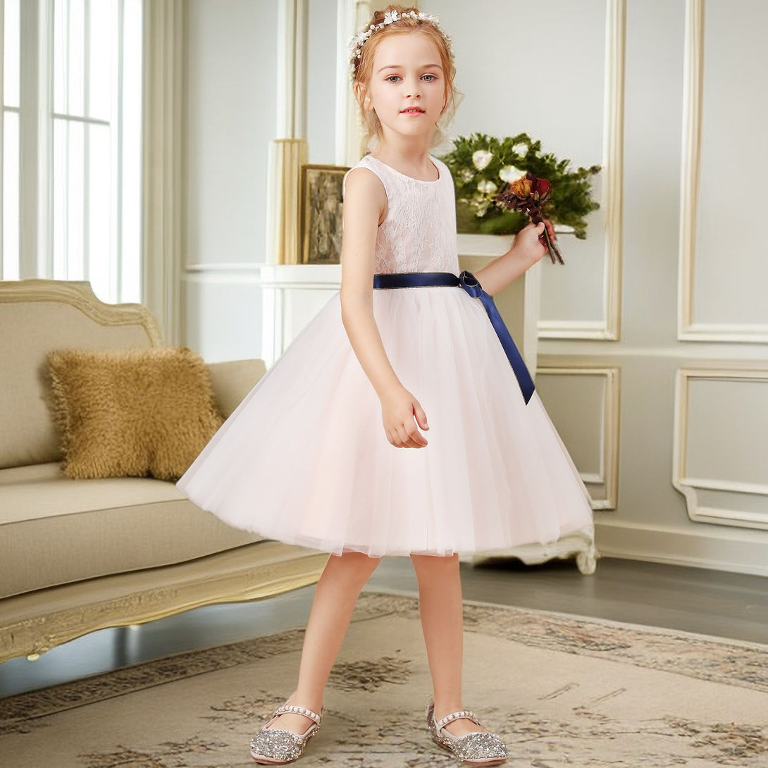 A-line Sleeveless Scoop Neck Knee-Length Lace Satin Tulle Flower Girl Dresses With Removable Navy Blue Ribbon Girls Gidiondress