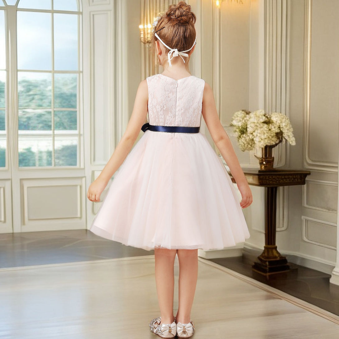 A-line Sleeveless Scoop Neck Knee-Length Lace Satin Tulle Flower Girl Dresses With Removable Navy Blue Ribbon Girls Gidiondress