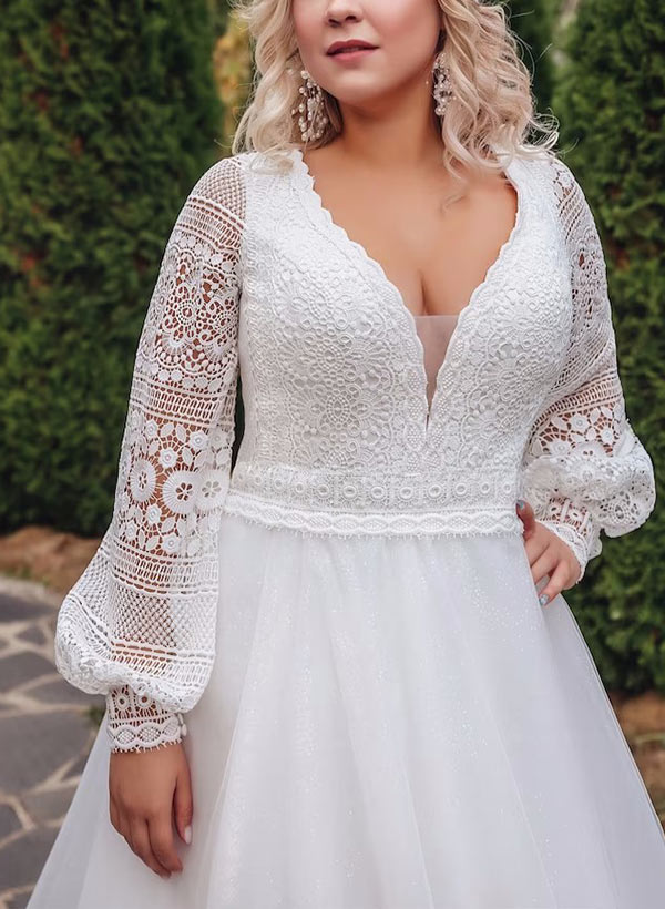 A-Line/Princess V-Neck Plus Size Lace Long Sleeve Wedding Dress with Applique BabaMila