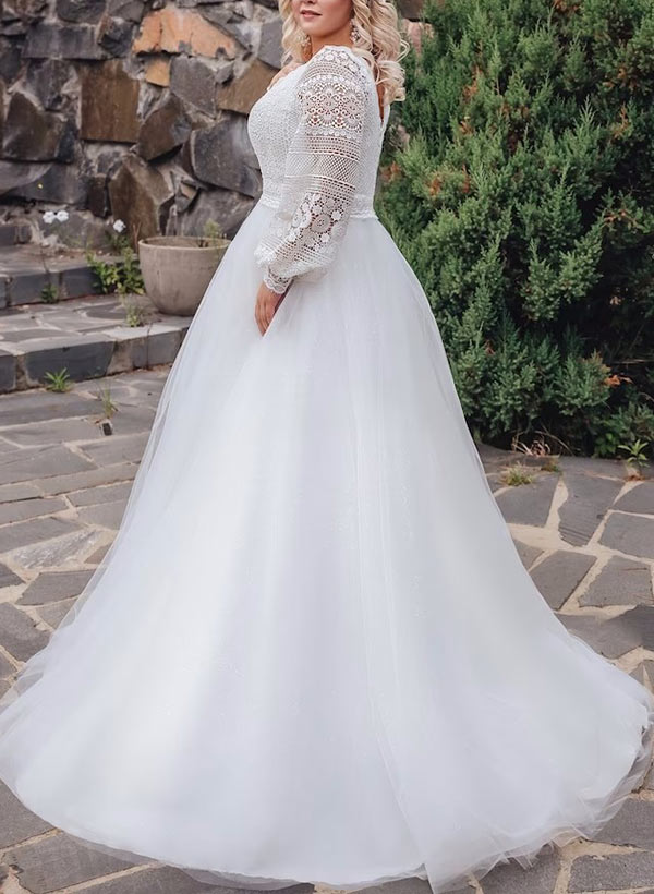 A-Line/Princess V-Neck Plus Size Lace Long Sleeve Wedding Dress with Applique BabaMila