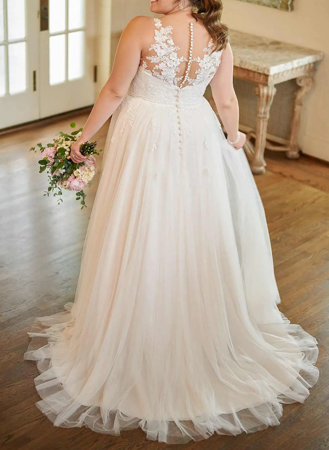 A-Line/Princess V-Neck Plus Size Lace Wedding Dress with Applique BabaMila