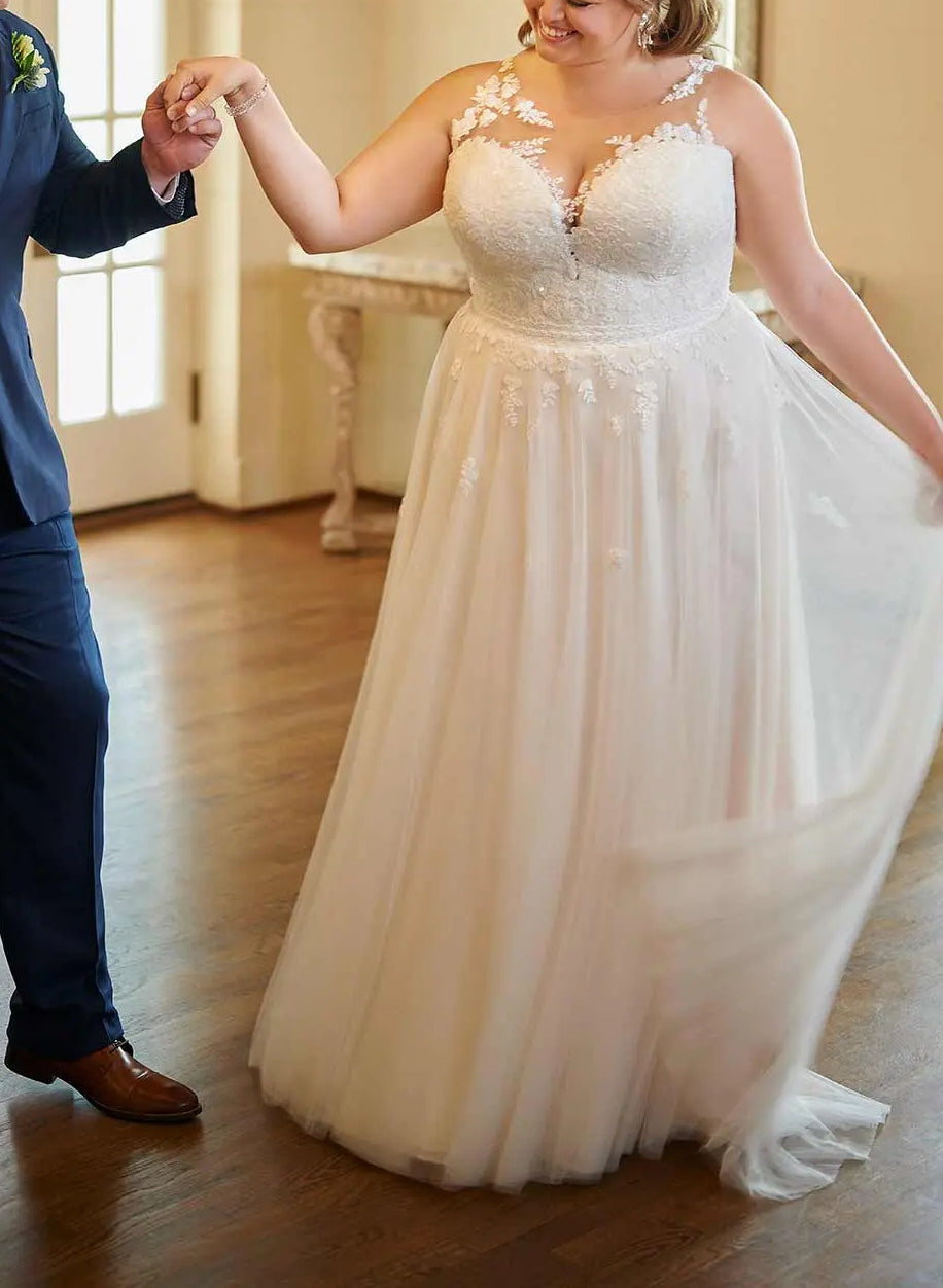 A-Line/Princess V-Neck Plus Size Lace Wedding Dress with Applique BabaMila