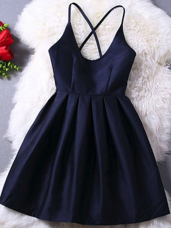 Homecoming Dress Dark Navy Criss-Cross Straps Short Prom Dress Party Dress Homecoming Dress BabaMila