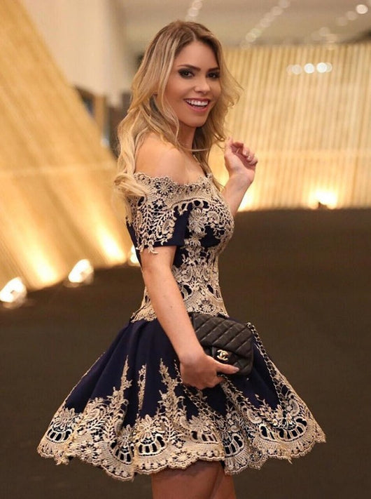 Homecoming Dress Dark Navy Off-the-shoulder Short Prom Dress Party Dress Homecoming Dress BabaMila