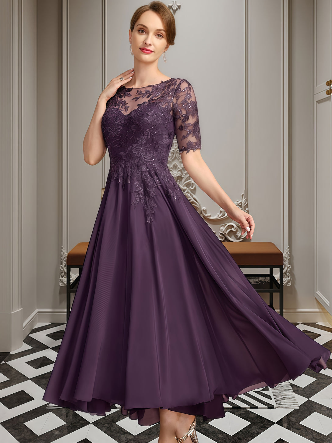 Scoop Neck A-Line Half Sleeve Ankel-Length Lace/Chiffon Mother of the Bride Dress With Appliques/Sequins BabaMila