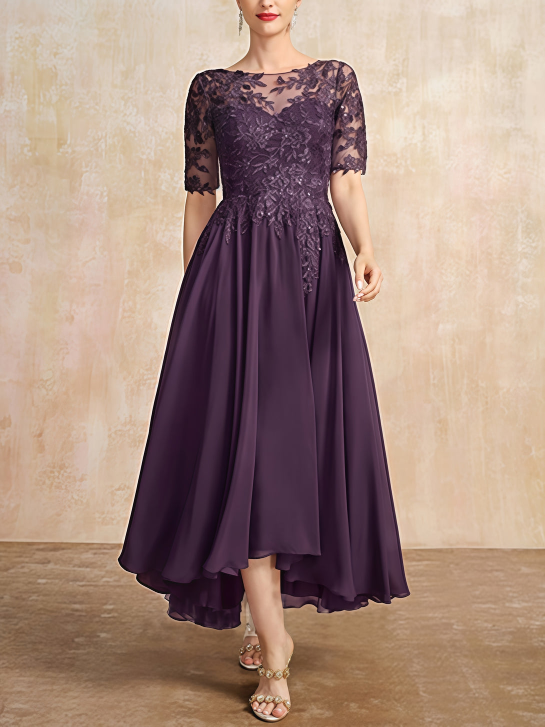 Scoop Neck A-Line Half Sleeve Ankel-Length Lace/Chiffon Mother of the Bride Dress With Appliques/Sequins BabaMila