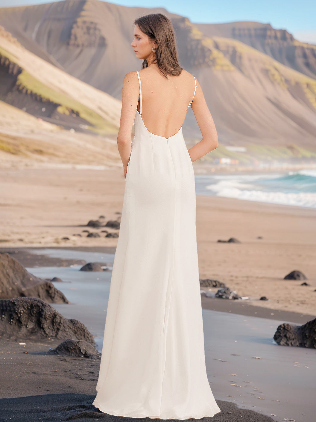 A-Line/Princess Spaghetti Straps V-Neck Sleeveless Wedding Dresses with Ruffles & Split Side BabaMila