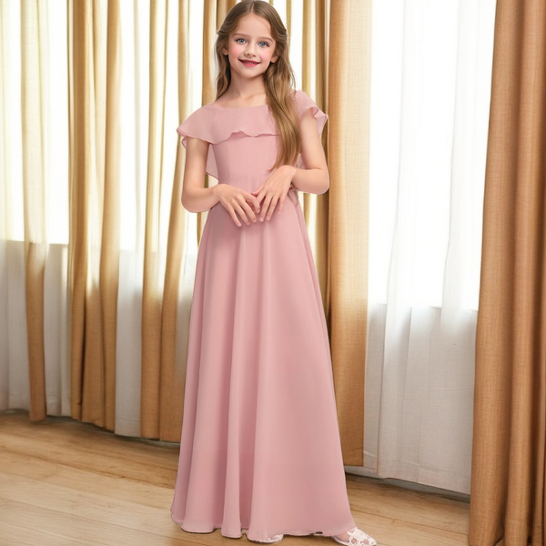 A-line Scoop Floor-Length Chiffon Junior Bridesmaid Dress With Cascading Ruffles Girls Gidiondress