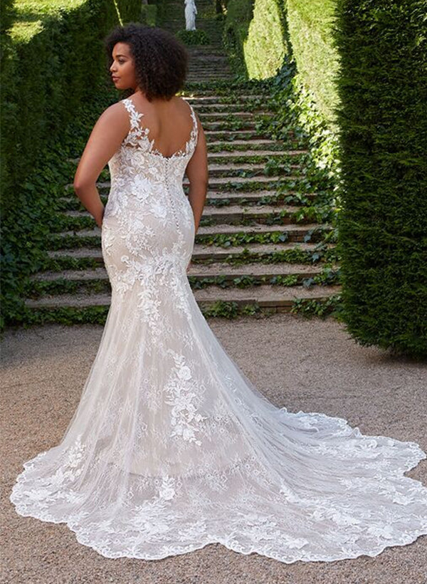Trumpet/Mermaid V-Neck Plus Size Lace Wedding Dress with Applique BabaMila