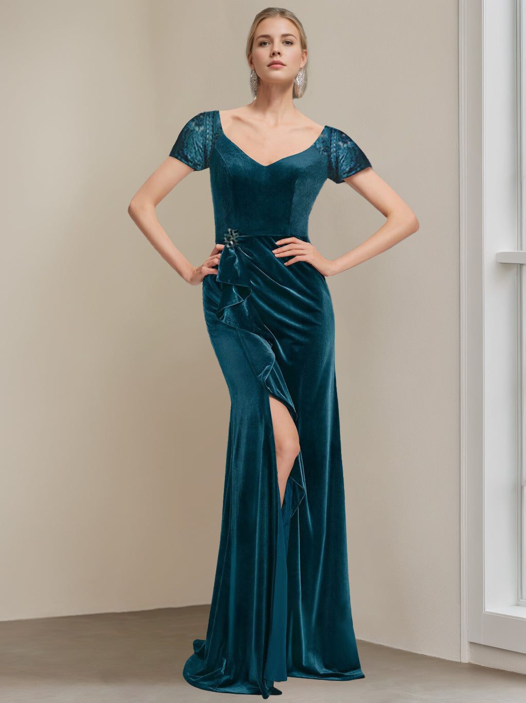 Trumpet/Mermaid V-Neck Short Sleeves Floor-Length Velvet Mother Of The Bride Dresses With Ruffles & Appliques BabaMila