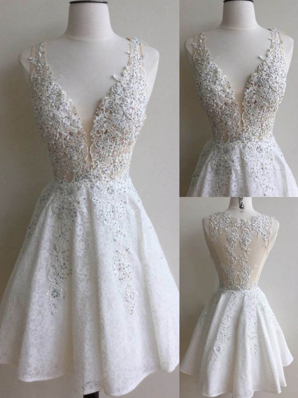 Homecoming Dress V-neck Lace Ivory Short Prom Dress Party Dress Homecoming Dress BabaMila