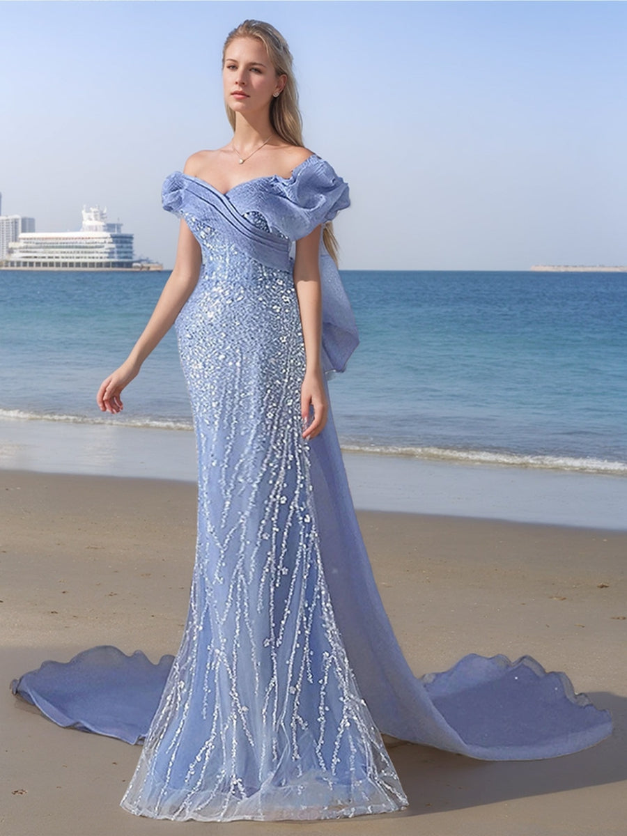 Trumpet/Mermaid V-Neck Short Sleeves Floor-Length Evening Dresses With Sequins/Bow/Watteau Train BabaMila