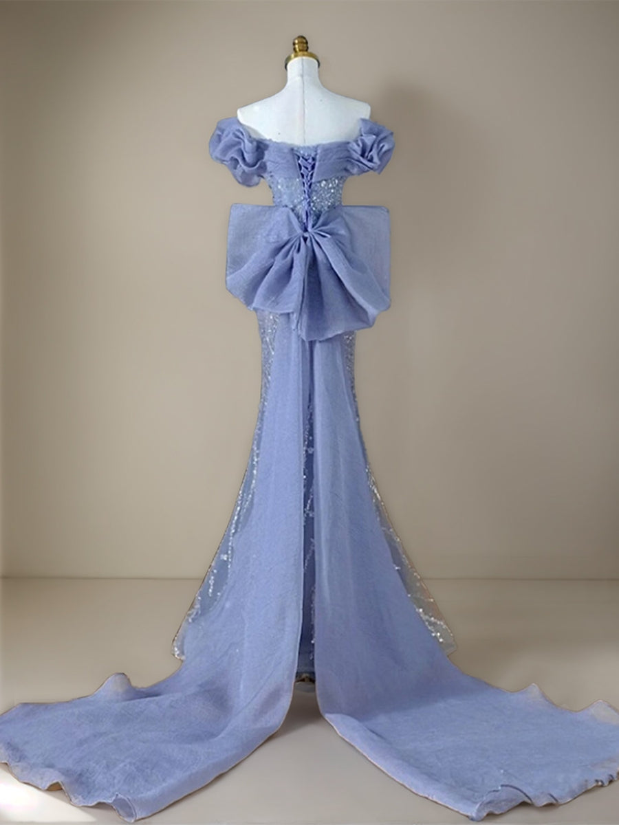Trumpet/Mermaid V-Neck Short Sleeves Floor-Length Evening Dresses With Sequins/Bow/Watteau Train BabaMila