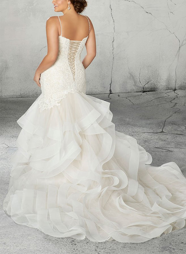 Trumpet/Mermaid V-Neck Plus Size Lace Wedding Dress with Applique/Ruffles BabaMila