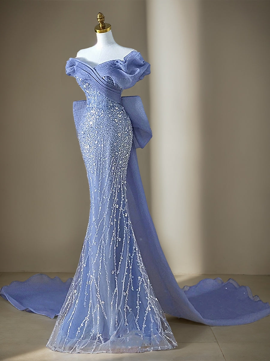 Trumpet/Mermaid V-Neck Short Sleeves Floor-Length Evening Dresses With Sequins/Bow/Watteau Train BabaMila