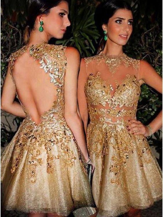 Homecoming Dress Sexy Gold Backless Short Prom Dress Party Dress Homecoming Dress BabaMila